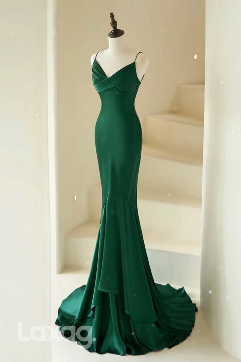 22439 - Spaghetti Straps Sleek Satin Mermaid Party Prom Formal Evening Dress - Fashionpara