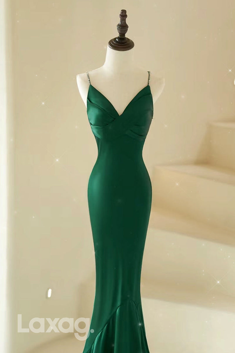 22439 - Spaghetti Straps Sleek Satin Mermaid Party Prom Formal Evening Dress - Fashionpara