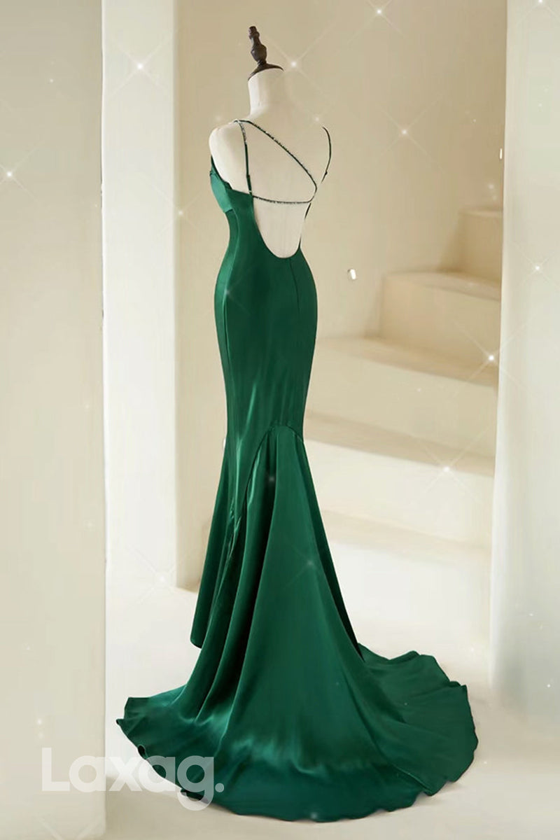 22439 - Spaghetti Straps Sleek Satin Mermaid Party Prom Formal Evening Dress - Fashionpara