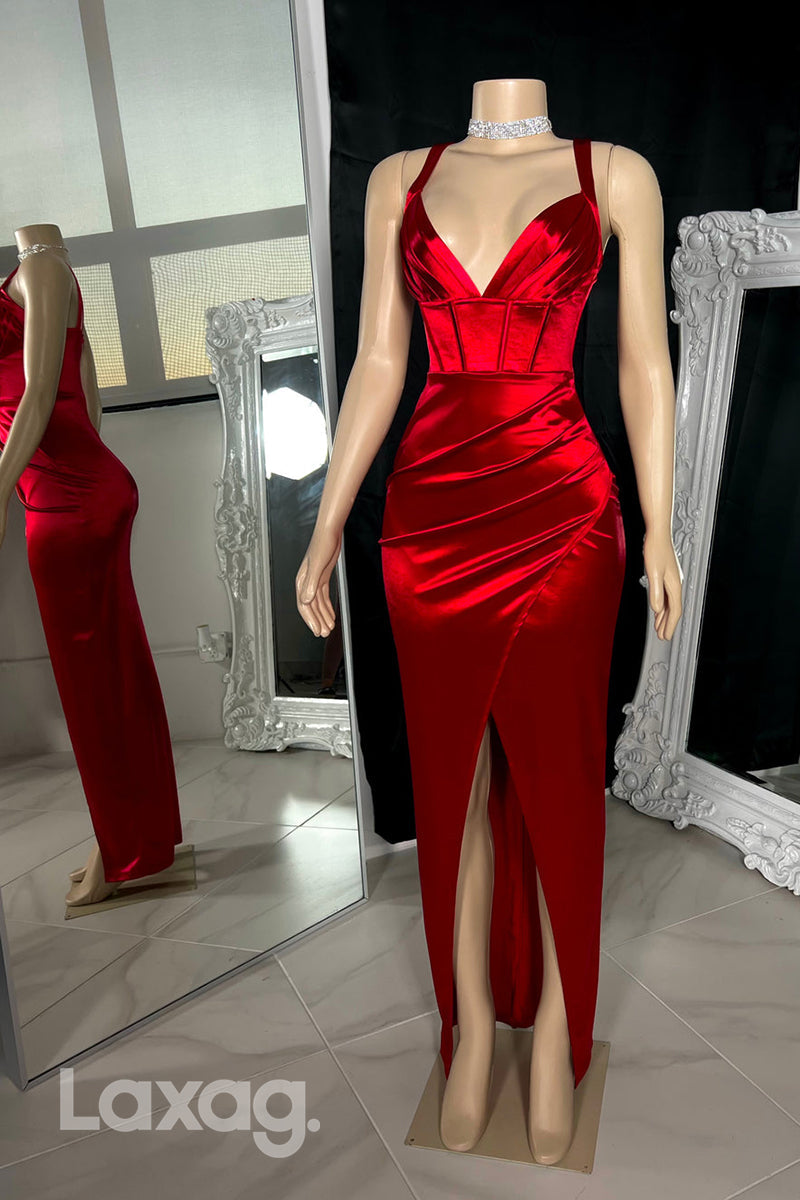 22556 - Spaghetti Straps Sleek Satin Prom Dresses for Black Girl Slay with Slit - Fashionpara