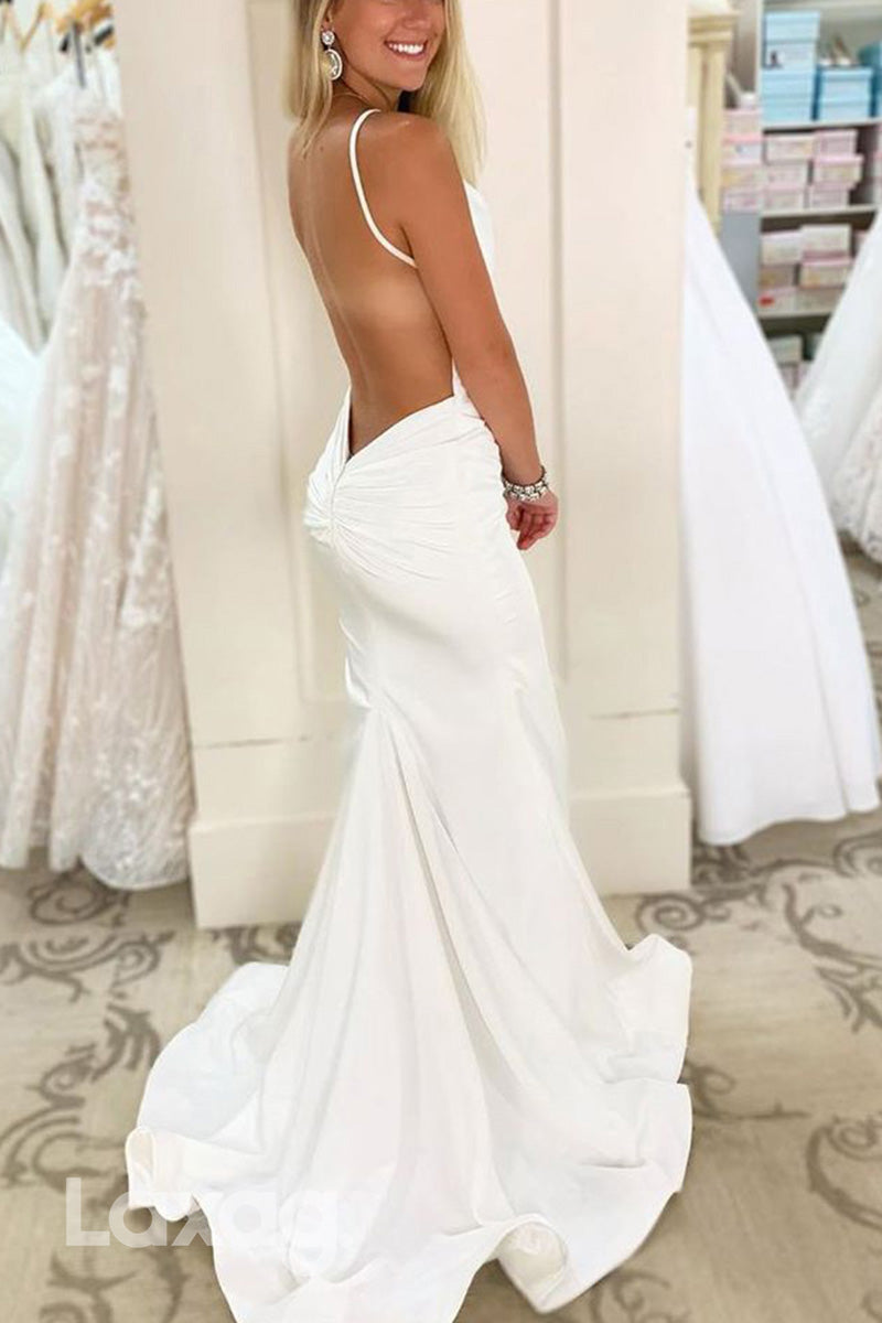 22977 - Spaghetti Straps V-Neck Backless Sleek Satin Mermaid Wedding Dress with Train - Fashionpara