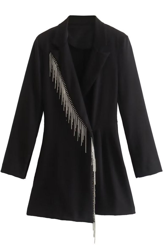 Sparkly Fringe Trim Lapel Collar Long Sleeve Blazer Romper Mini Dress - Black - Fashionpara