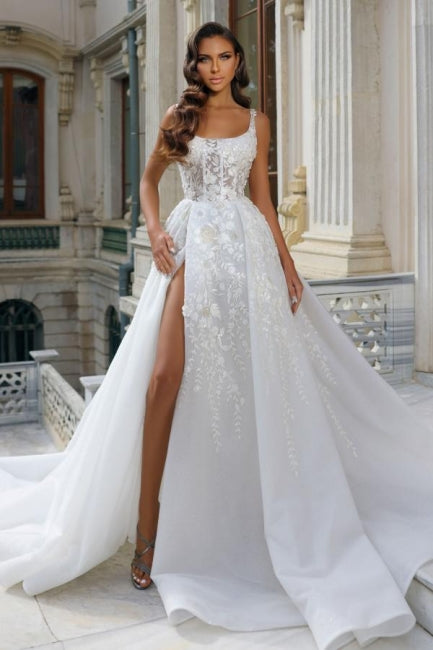 A-Line Square Neck Appliques Stain Sleeveless Wedding Dress with High Split