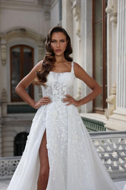 A-Line Square Neck Appliques Stain Sleeveless Wedding Dress with High Split