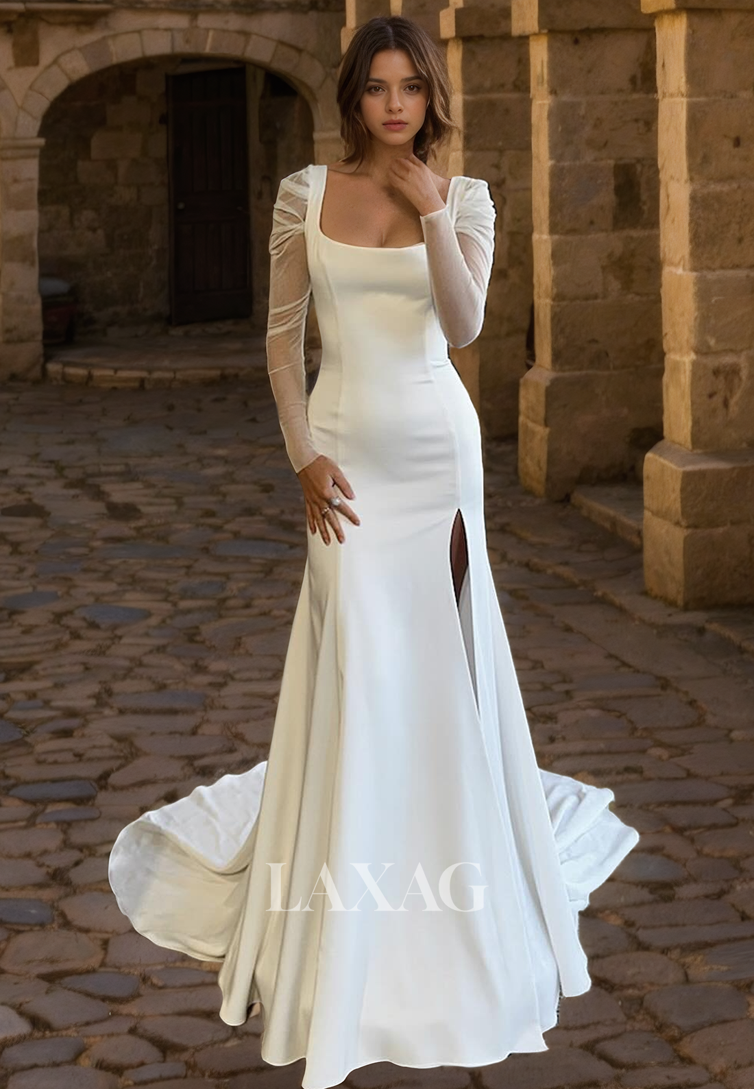 23019 - Square Long Sleeves Sleek Satin High Slit Mermaid Wedding Dress with Train - Fashionpara