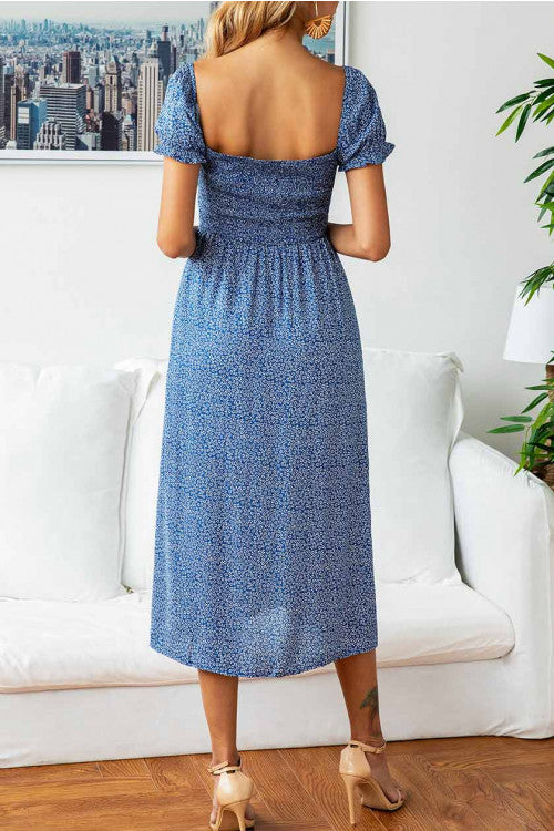 Square Neck Backless  Printed Slit Dress