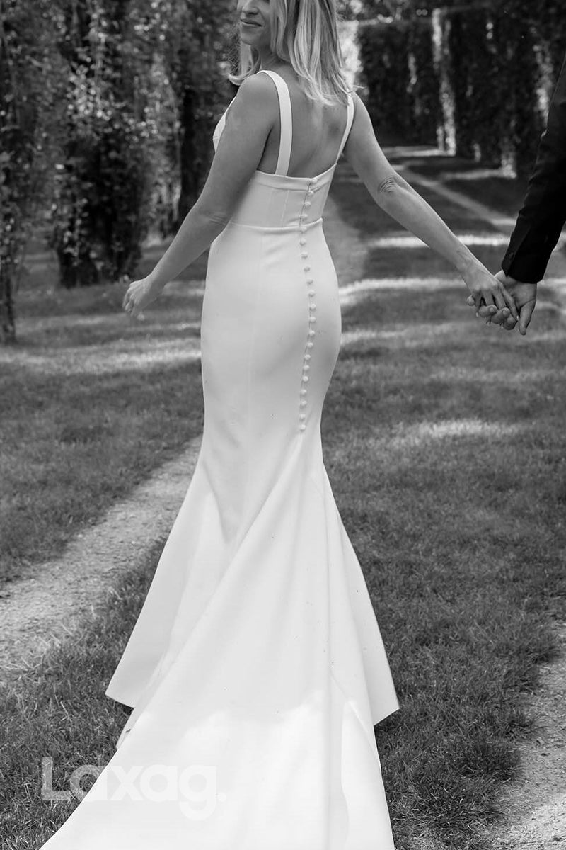 23014 - Square Sleeveless Sleek Satin Mermaid Elegant Wedding Dress with Train - Fashionpara