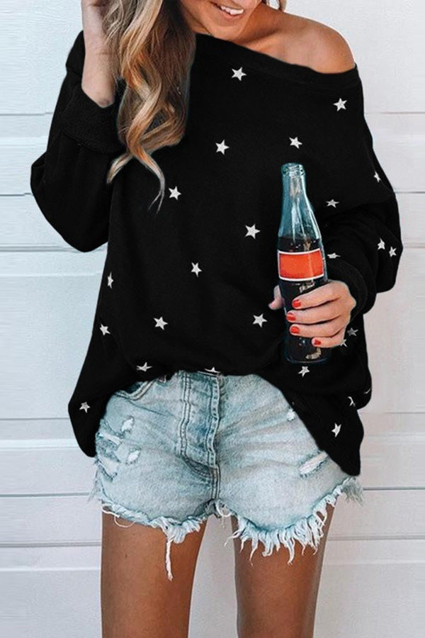 Star Print One Shoulder Casual Sweatshirt - Mislish