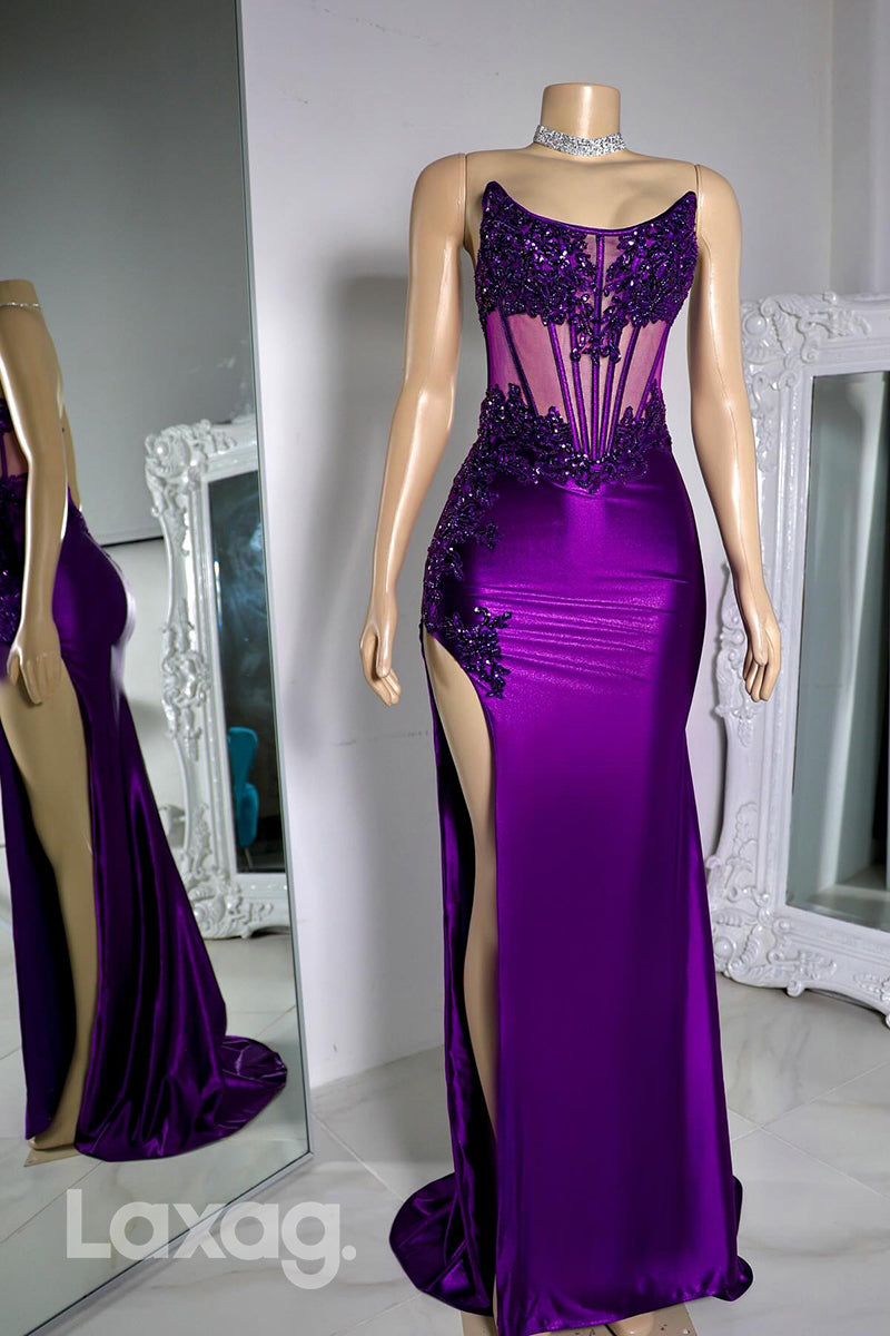 22471 - Straples Beaded illusion High Slit Mermaid Prom Dresses for Black Girl Slay - Fashionpara