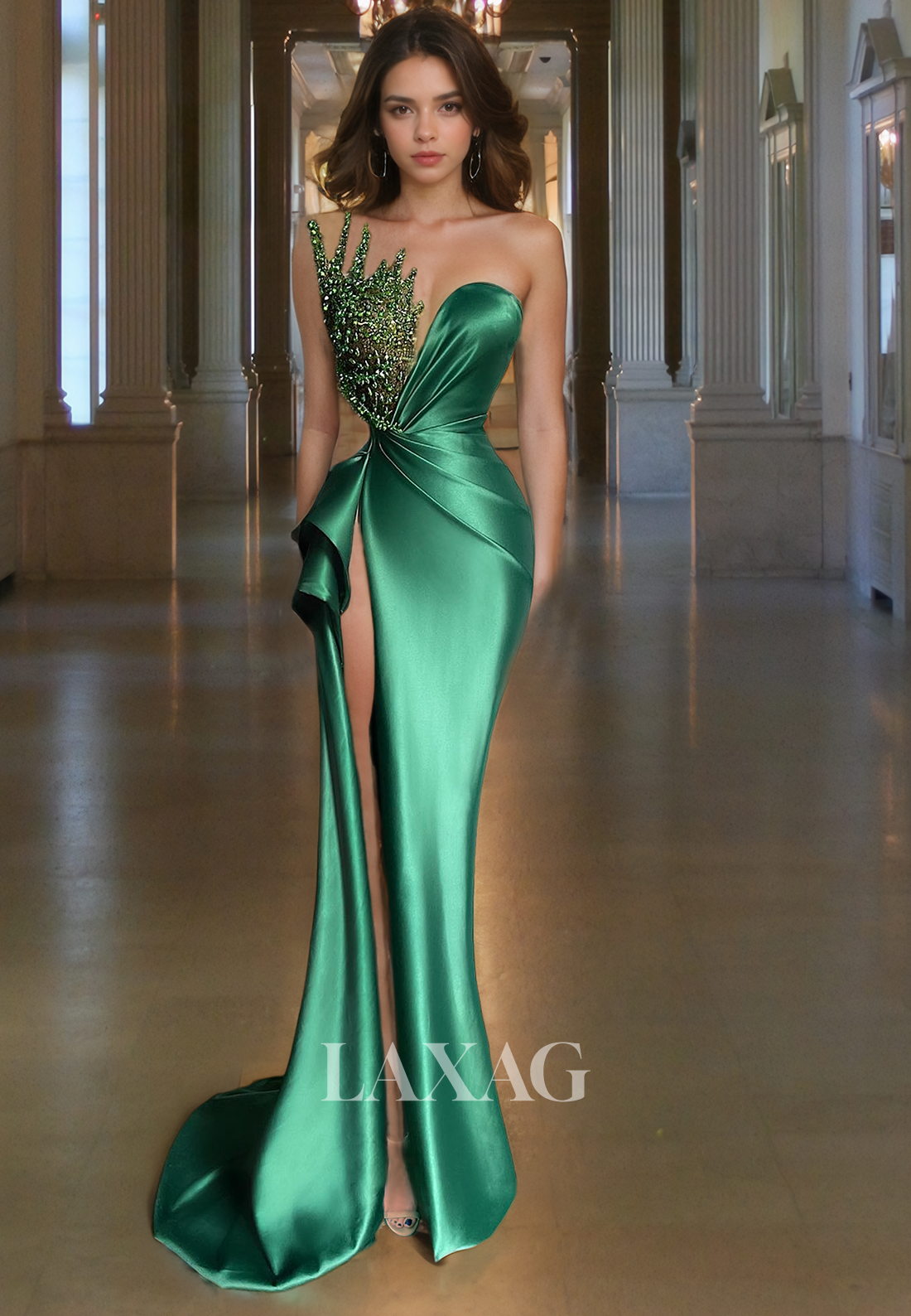 Strapless Beaded High Slit Sleek Satin Party Prom Formal Evening Dress with Train - Fashionpara