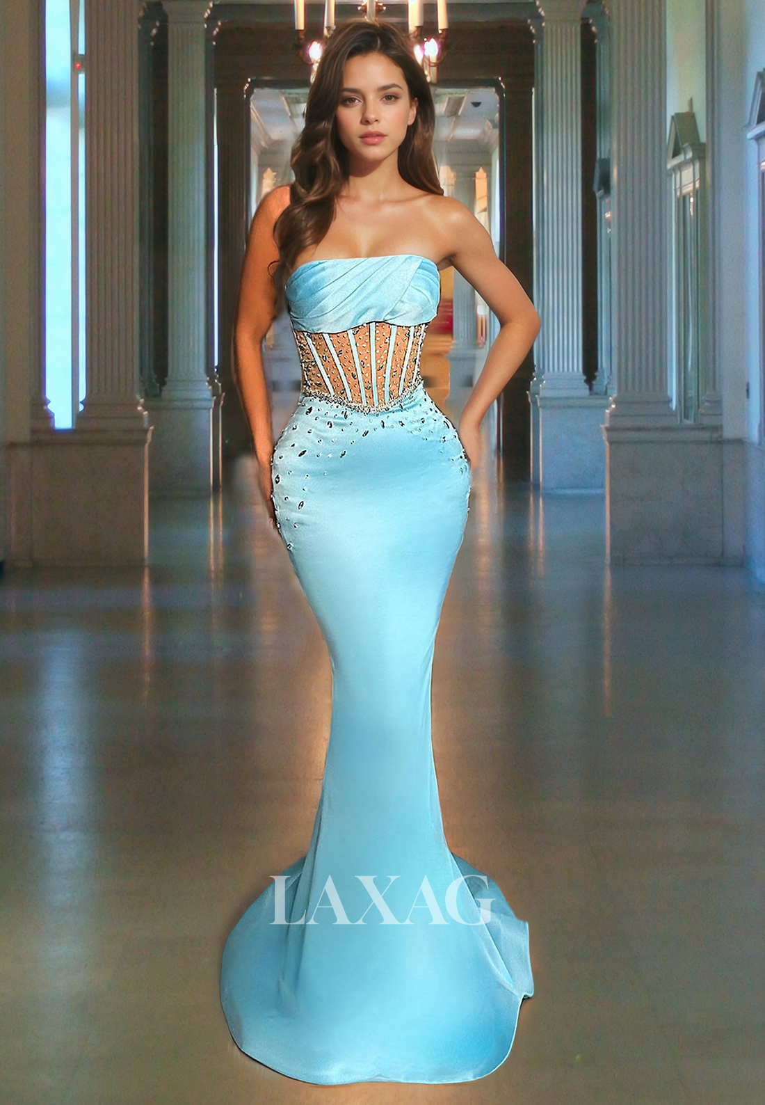 Strapless Beaded illusion Sleek Satin Mermaid Party Prom Formal Evening Dress - Fashionpara