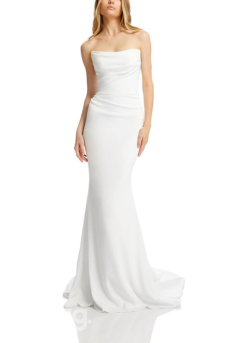 22862 - Strapless Draped Sleek Satin Elegant Mermaid Wedding Dress - Fashionpara