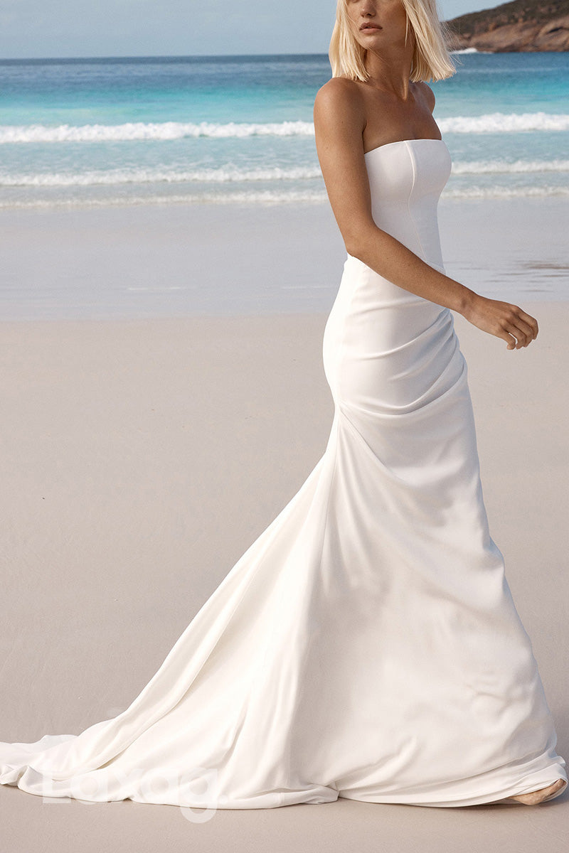 22943 - Strapless Draped Sleek Satin Elegant Mermaid Wedding Dress with Train - Fashionpara