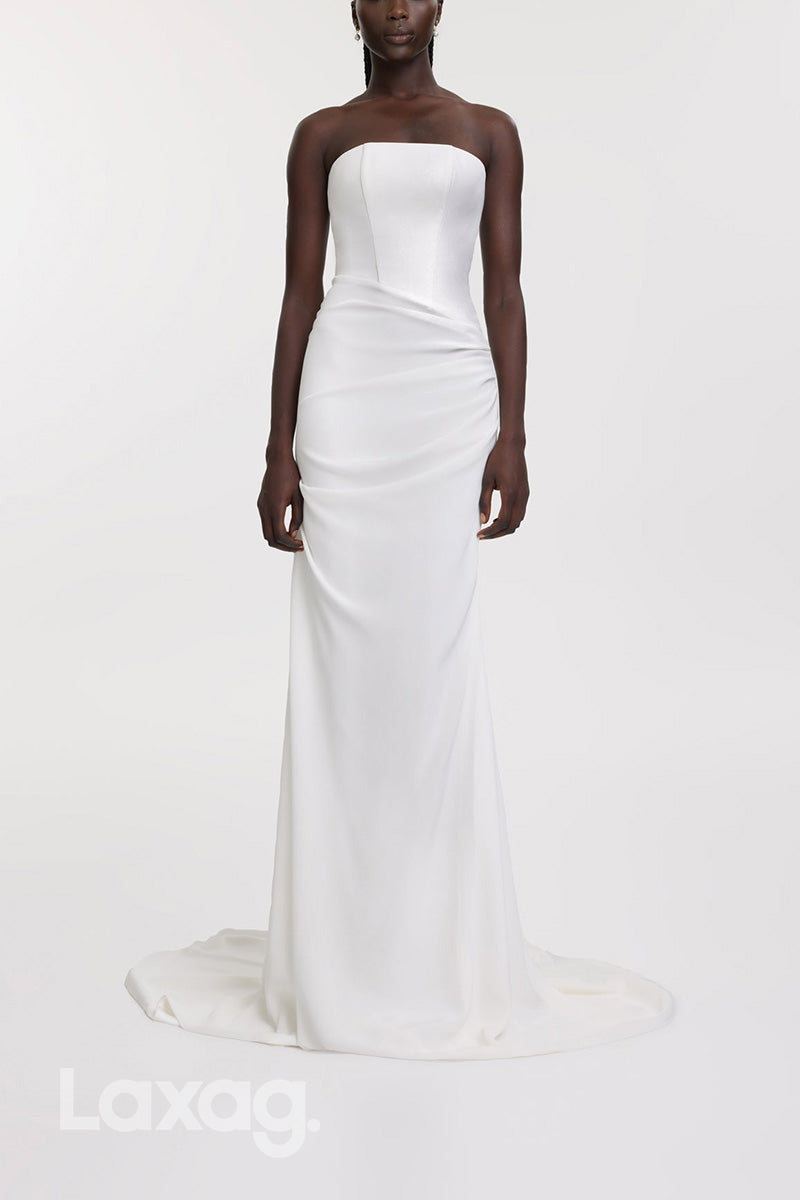 22943 - Strapless Draped Sleek Satin Elegant Mermaid Wedding Dress with Train - Fashionpara