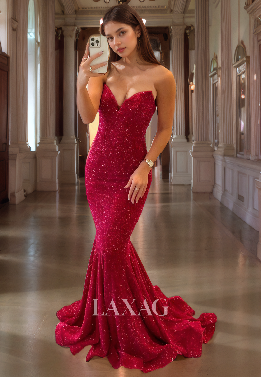 Strapless Fully Sequins Mermaid Party Prom Formal Evening Dress with Train - Fashionpara