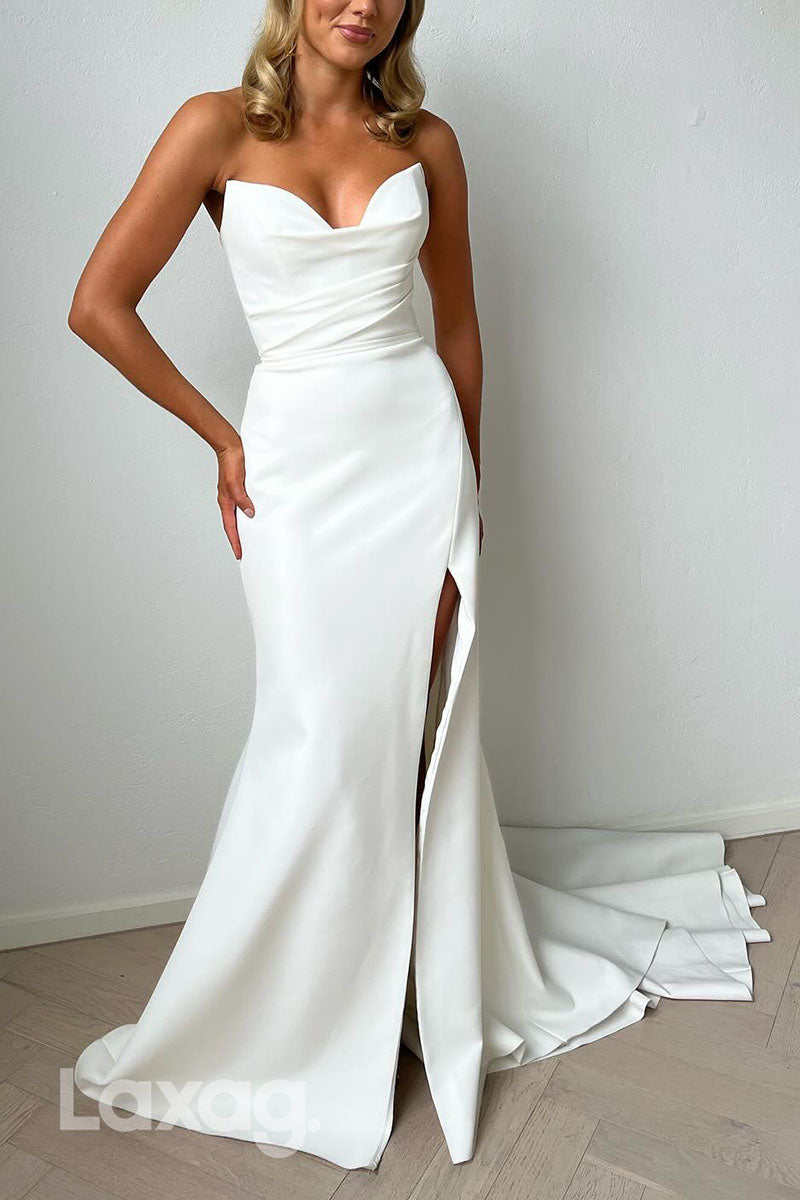 23018 - Strapless High Slit Pleated Sleek Satin Elegant Wedding Dress with Train - Fashionpara