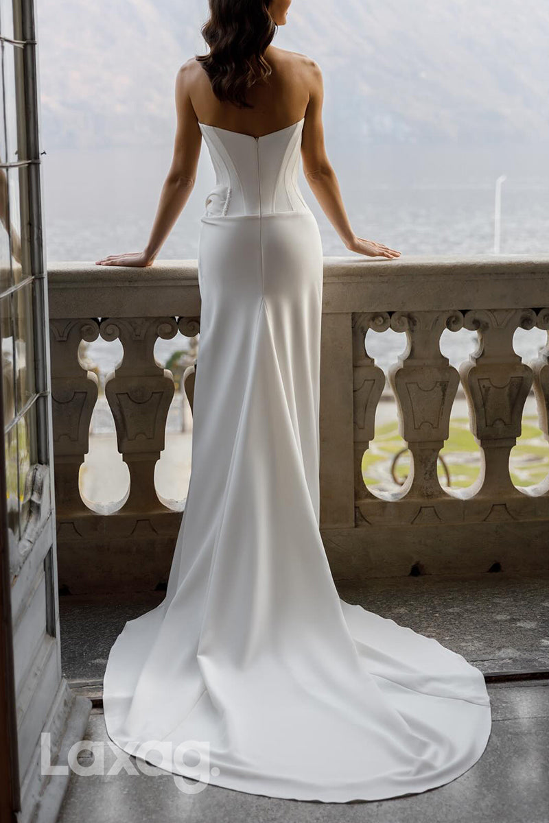 22723 - Strapless High Slit Sleek Satin Mermaid Wedding Dress with Sweep Train - Fashionpara