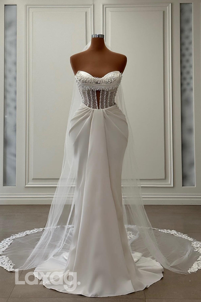 22355 - Strapless Pearls Beaded Draped Sleek Satin Mermaid Wedding Dress - Fashionpara