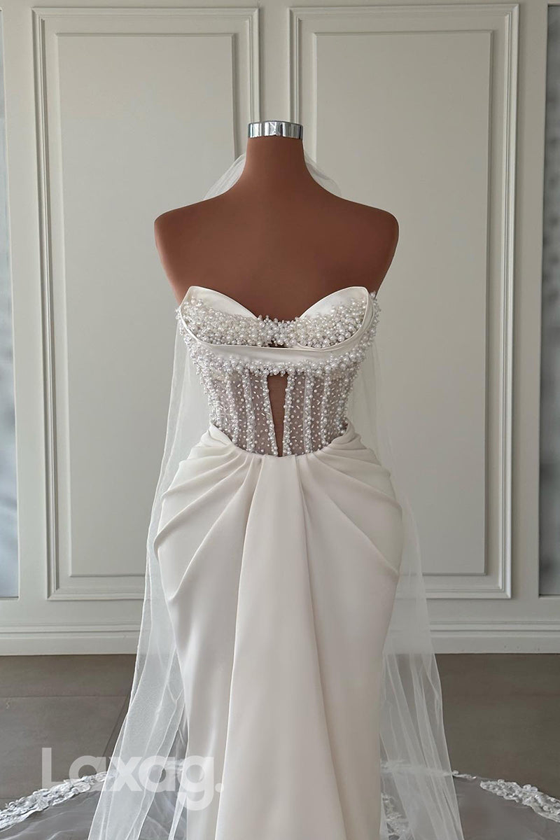 22355 - Strapless Pearls Beaded Draped Sleek Satin Mermaid Wedding Dress - Fashionpara