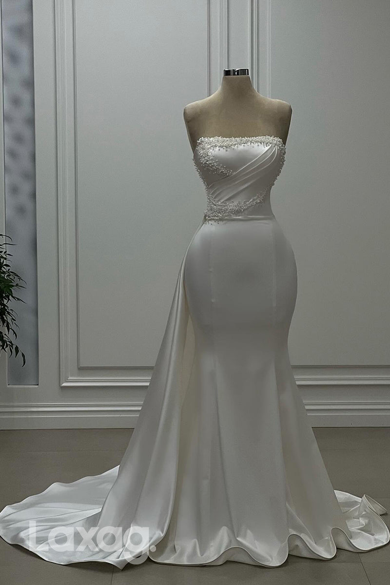 22357 - Strapless Pearls Beaded Sleek Satin Mermaid Wedding Dress with Train - Fashionpara