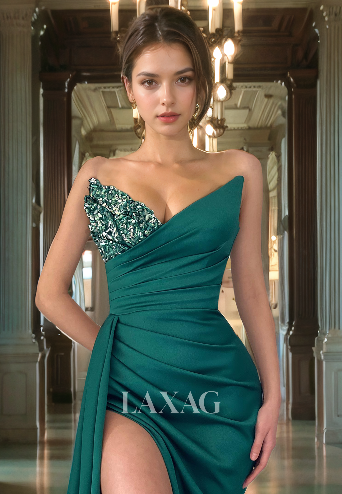 Strapless Sequins High Slit Sleek Satin Party Prom Formal Evening Dress with Train - Fashionpara