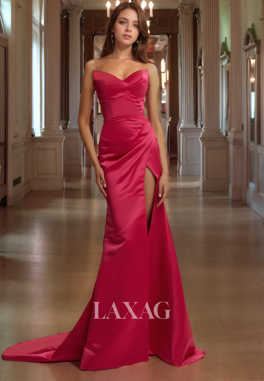 Strapless Sleek Satin High Slit Elegant Party Prom Formal Evening Dress - Fashionpara