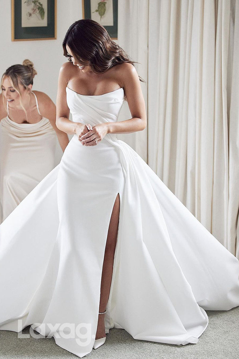 22664 - Strapless Sleek Satin High Slit Elegant Wedding Dress with Train - Fashionpara