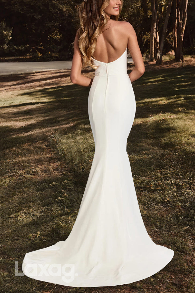 22665 - Strapless Sleek Satin High Slit Mermaid Wedding Dress with Sweep Train - Fashionpara