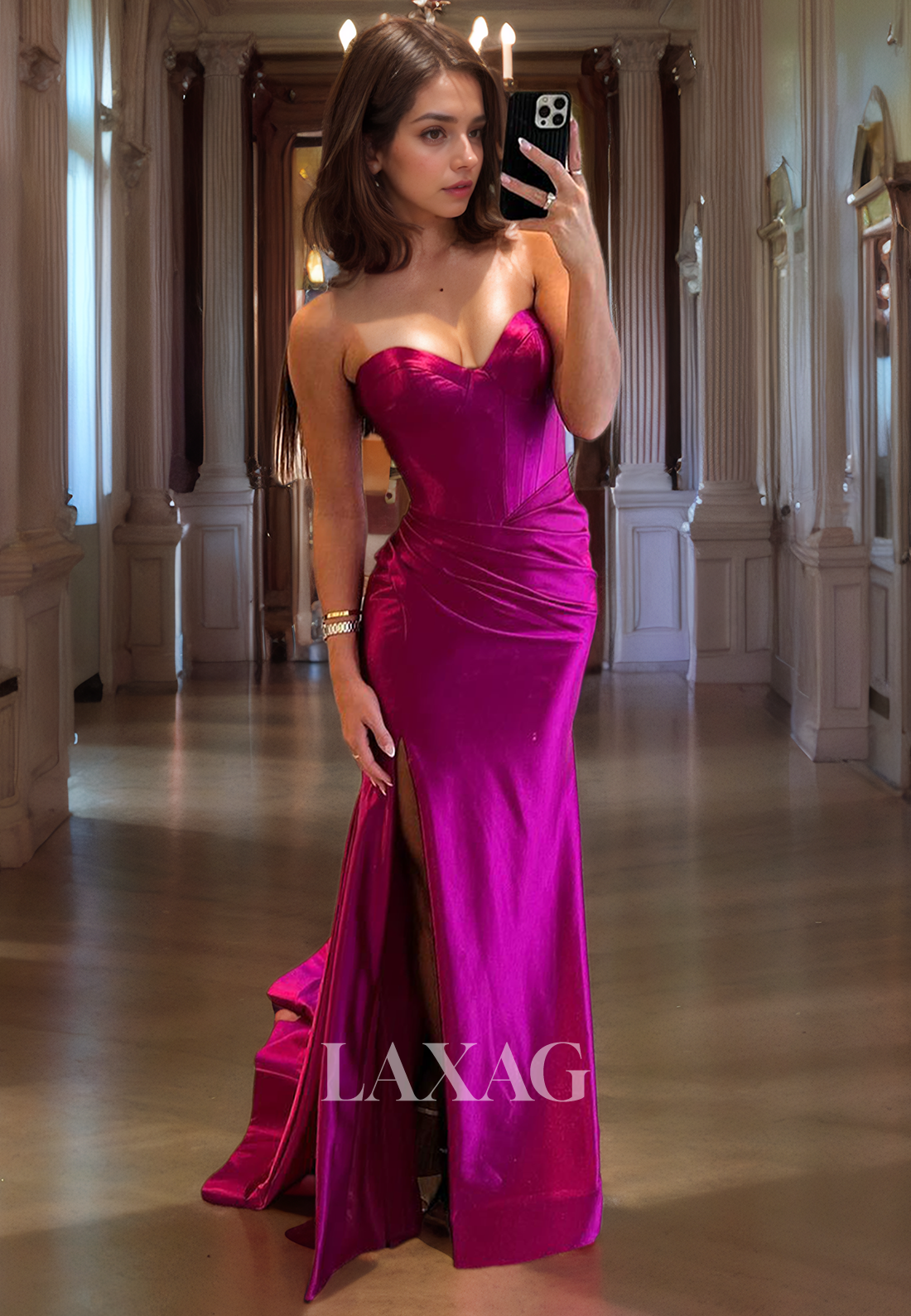 Strapless Sleek Satin High Slit Party Prom Formal Evening Dress with Train - Fashionpara