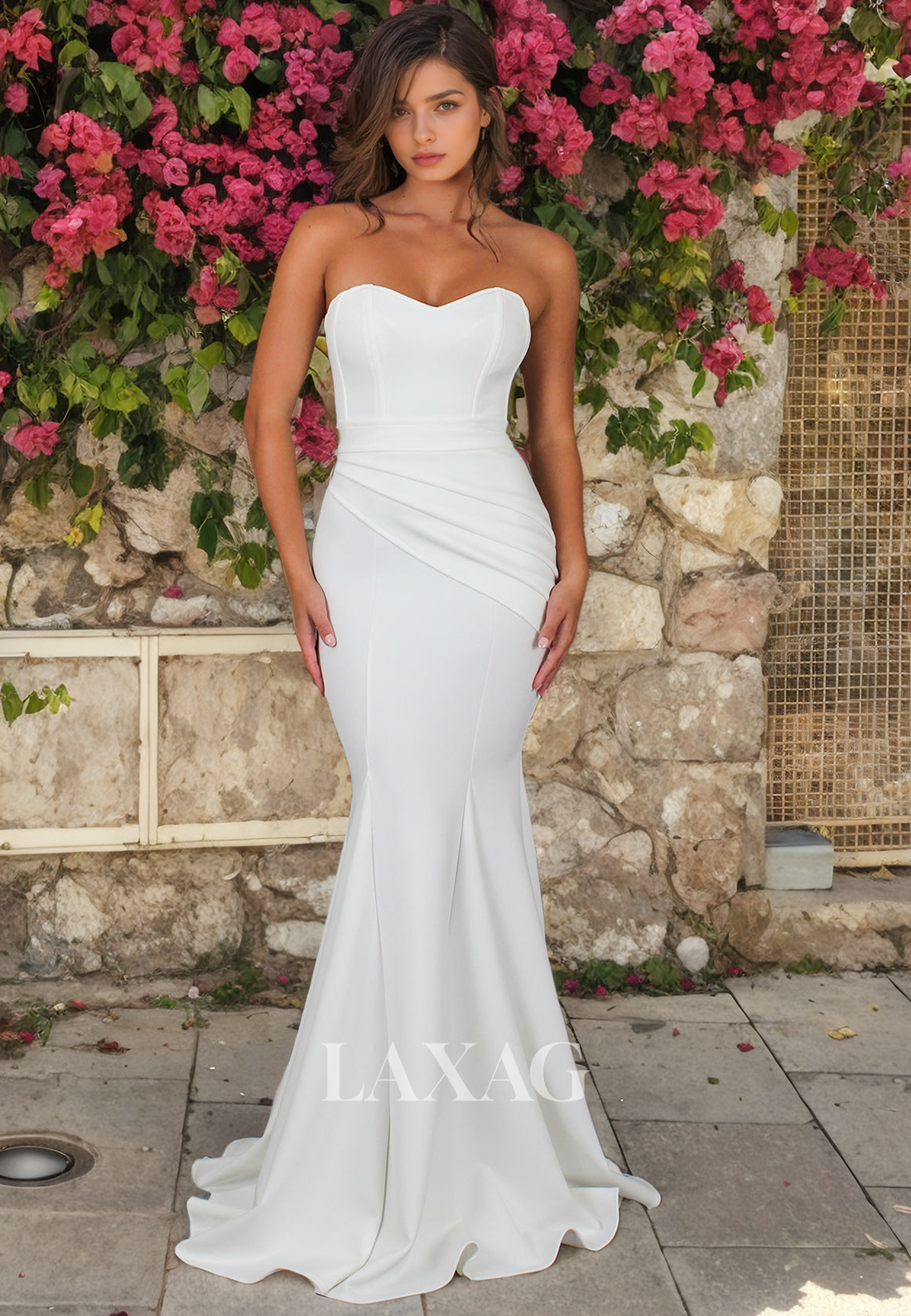 Strapless Sleek Satin Mermaid Elegant Wedding Dress with Train - Fashionpara