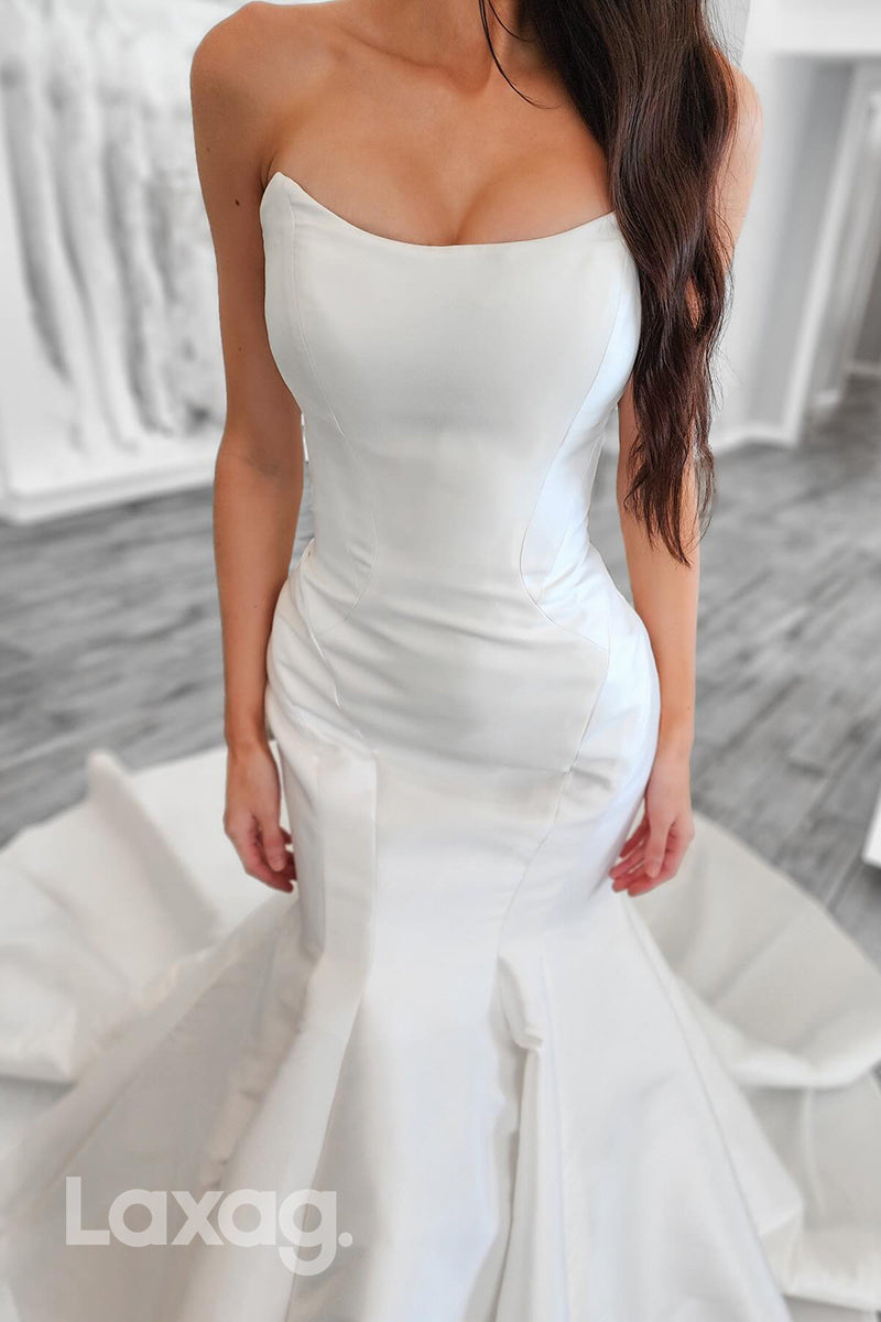 22365 - Strapless Sleek Satin Mermaid Wedding Dress with Train - Fashionpara