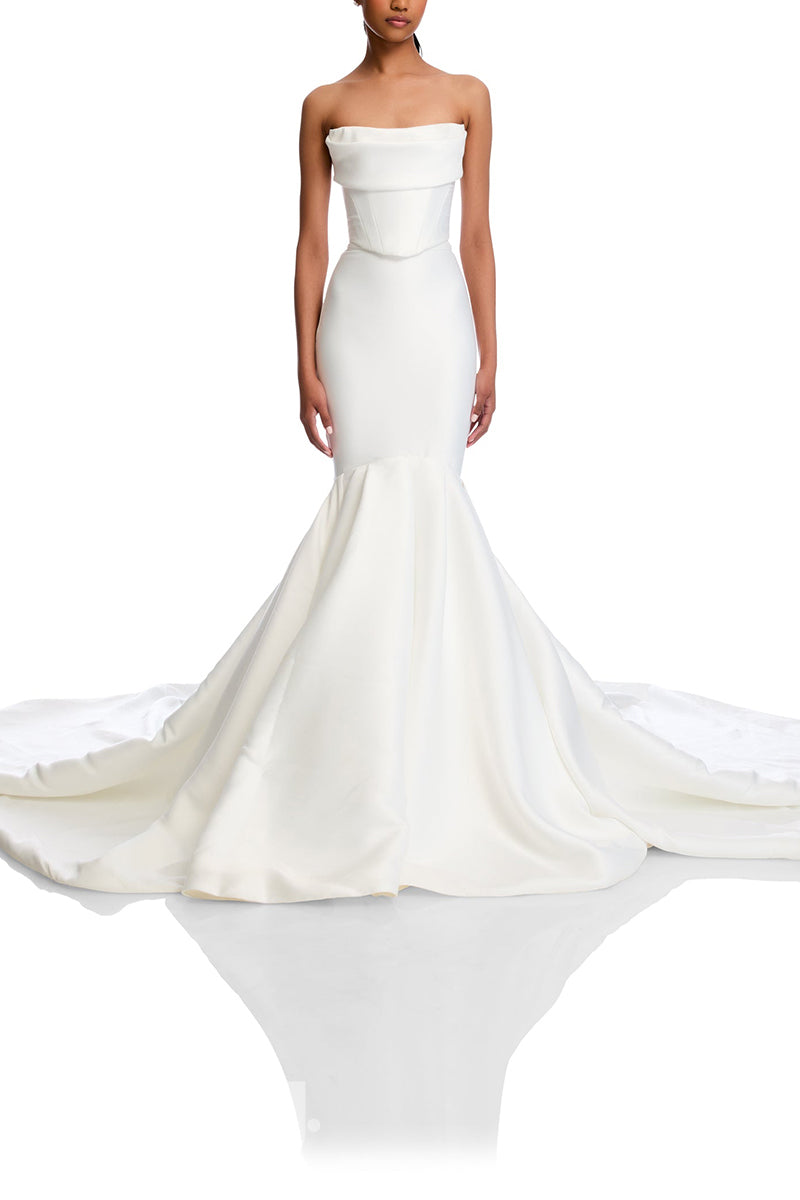 22991 - Strapless Sleek Satin Mermaid Wedding Dress with Train - Fashionpara