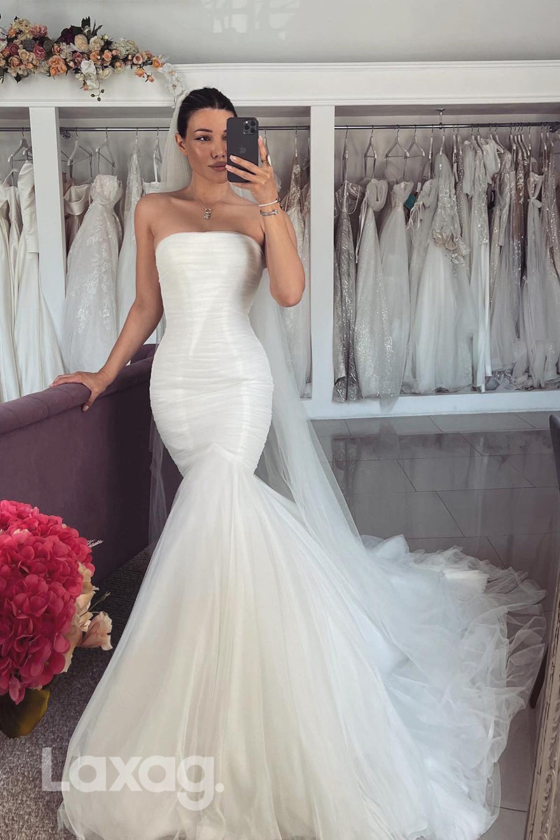 22399 - Strapless Sleek Satin Tulle Mermaid Wedding Dress with Train - Fashionpara