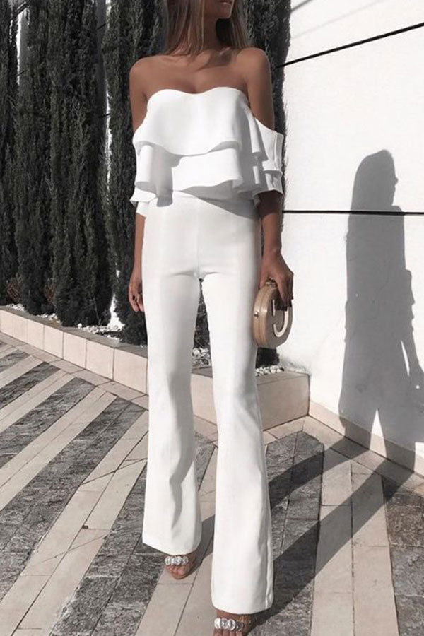 Solid Strapless Raglan Sleeve Ruffled Jumpsuit