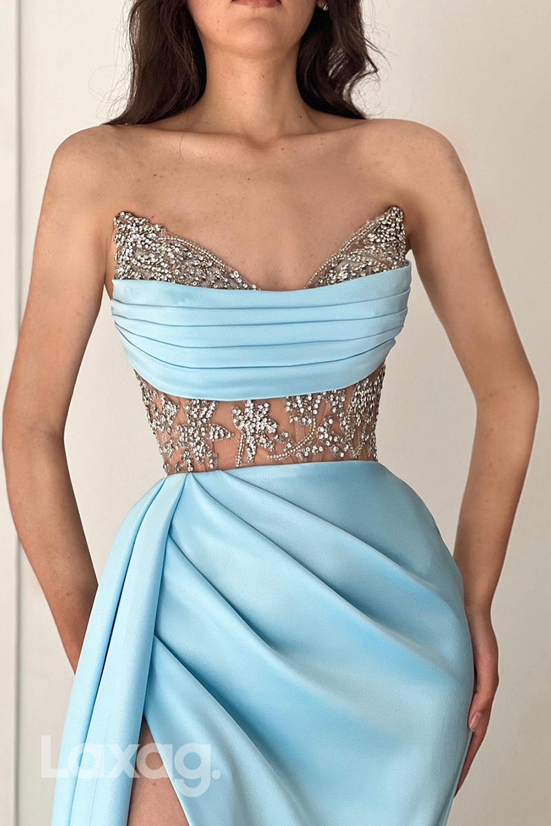 22326 - Strapless illusion Beaded Party Prom Formal Evening Dress with Slit - Fashionpara