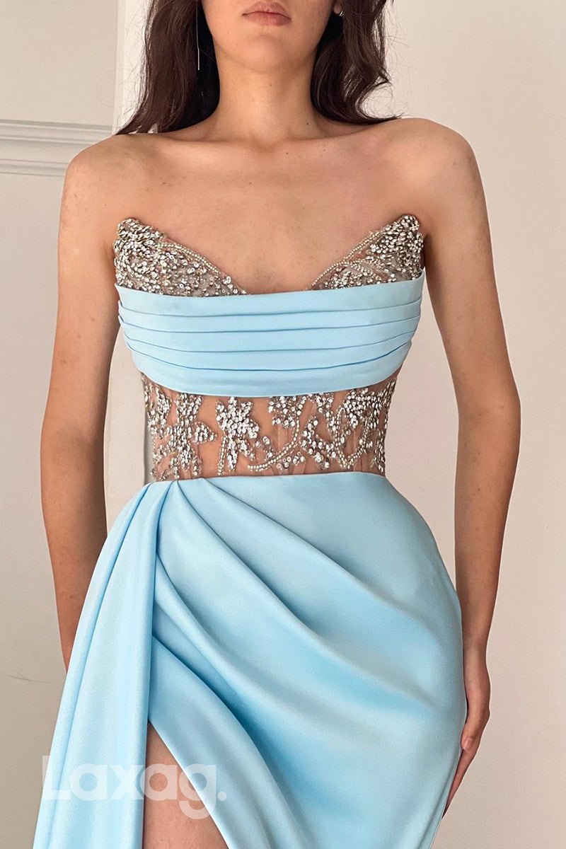 22326 - Strapless illusion Beaded Party Prom Formal Evening Dress with Slit - Fashionpara