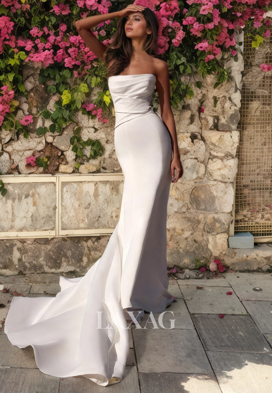 Straplesss Sleek Satin Mermaid Elegant Wedding Dress with Train - Fashionpara