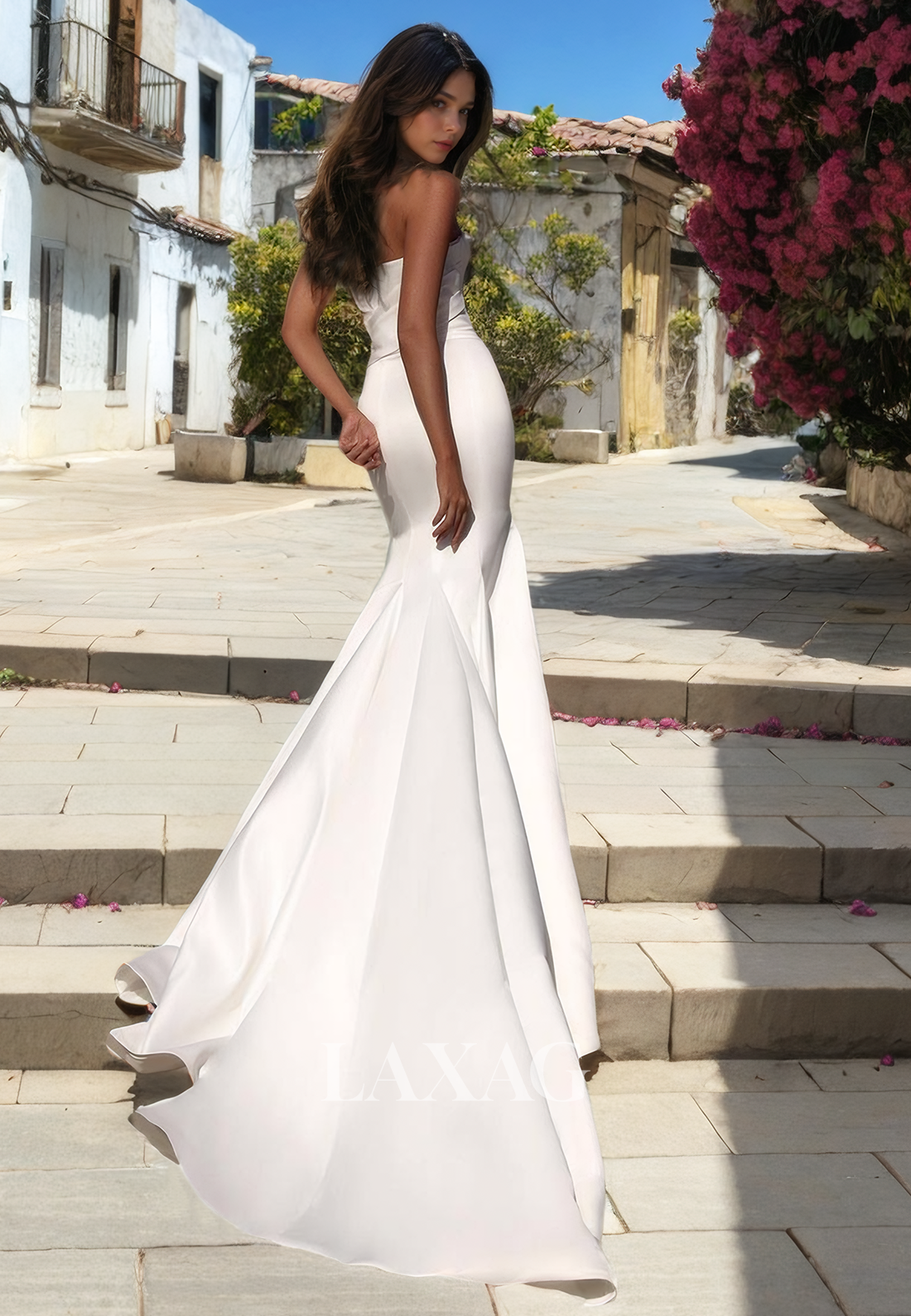 Straplesss Sleek Satin Mermaid Elegant Wedding Dress with Train - Fashionpara