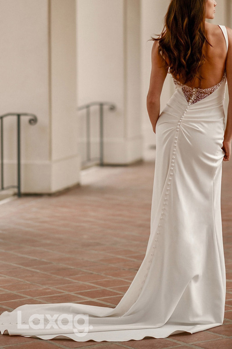 22861 - Straps Backless Pearls Sleek Satin Wedding Dress with Slit and Train - Fashionpara