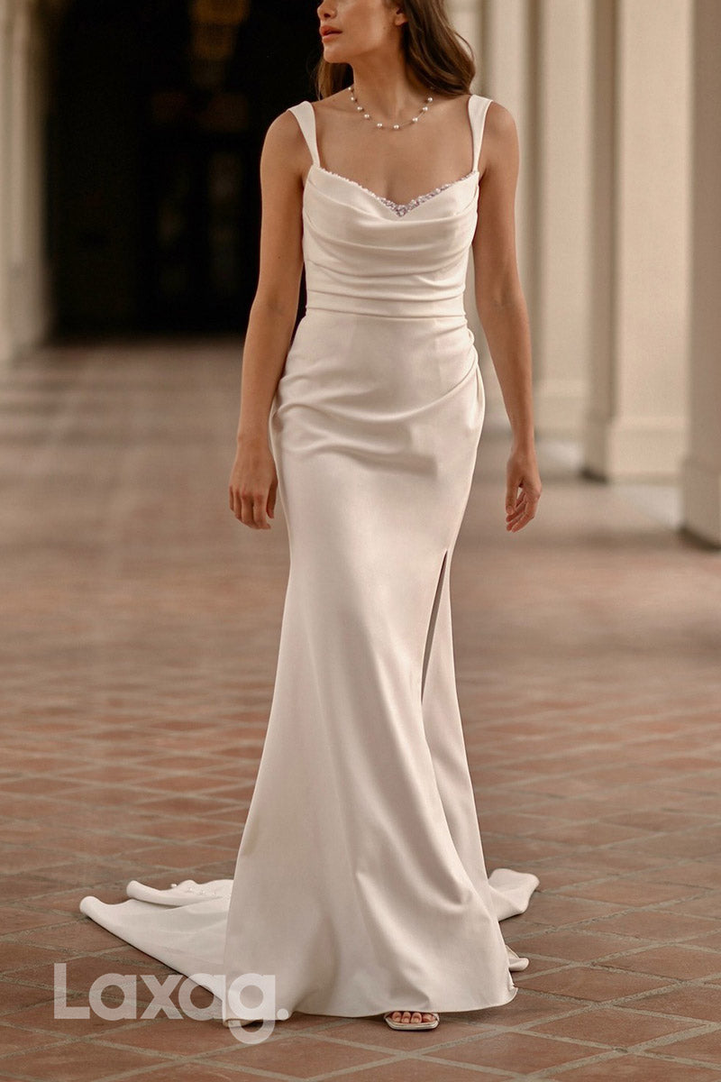 22861 - Straps Backless Pearls Sleek Satin Wedding Dress with Slit and Train - Fashionpara