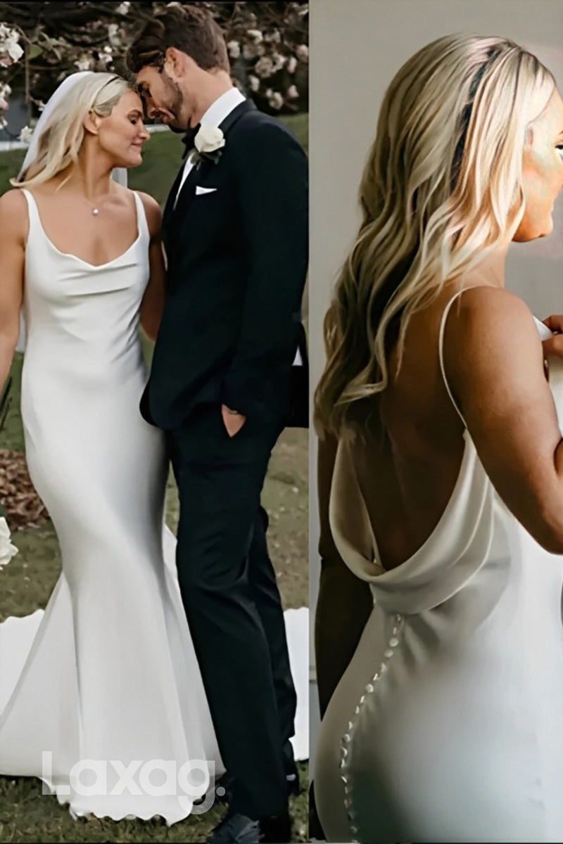 22981 - Straps Backless Sleek Satin Elegant Mermaid Wedding Dress with Train - Fashionpara