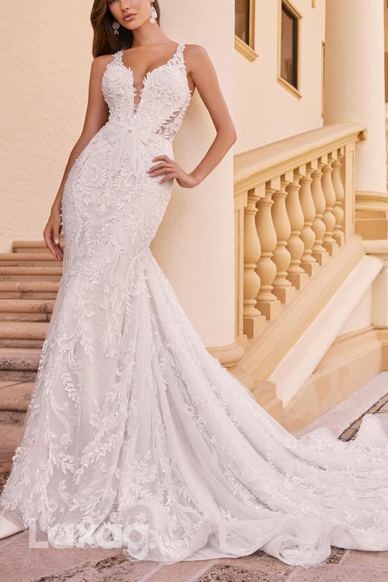 22593 - Straps Backlesss Appliques Sequins Mermaid Wedding Dress with Train - Fashionpara