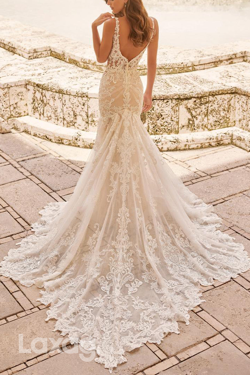 22596 - Straps Backlesss Appliques illusion Mermaid Wedding Dress with Train - Fashionpara