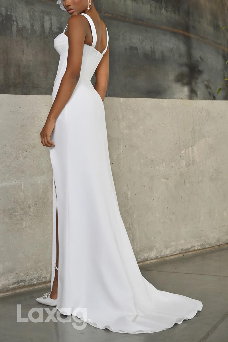 22722 - Straps High Slit Sleek Satin Mermaid Wedding Dress with Sweep Train - Fashionpara