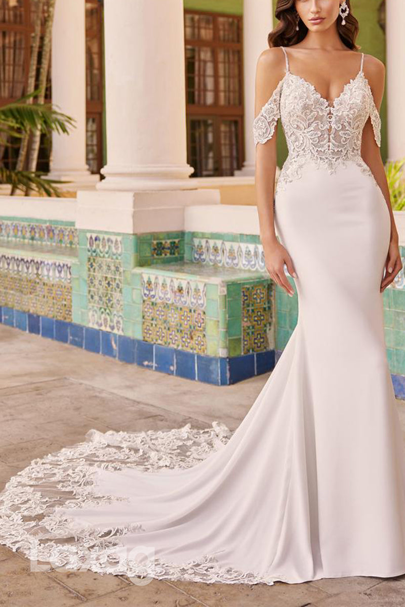 22607 - Straps Off Shoulder Appliques Beaded Mermaid Wedding Dress with Train - Fashionpara