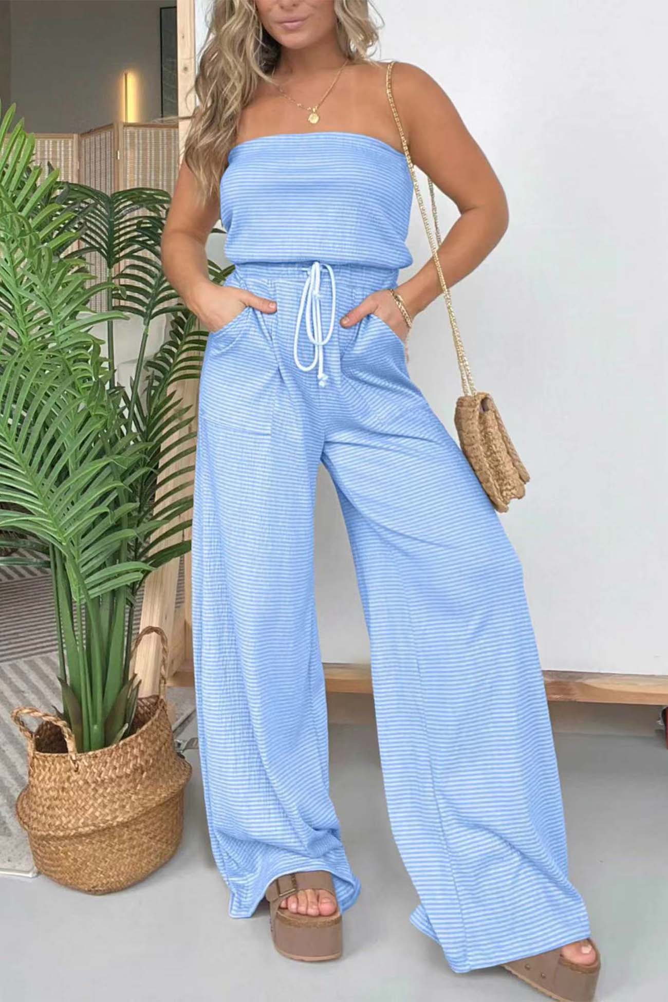 Stripe Strapless Drawstring Jumpsuits