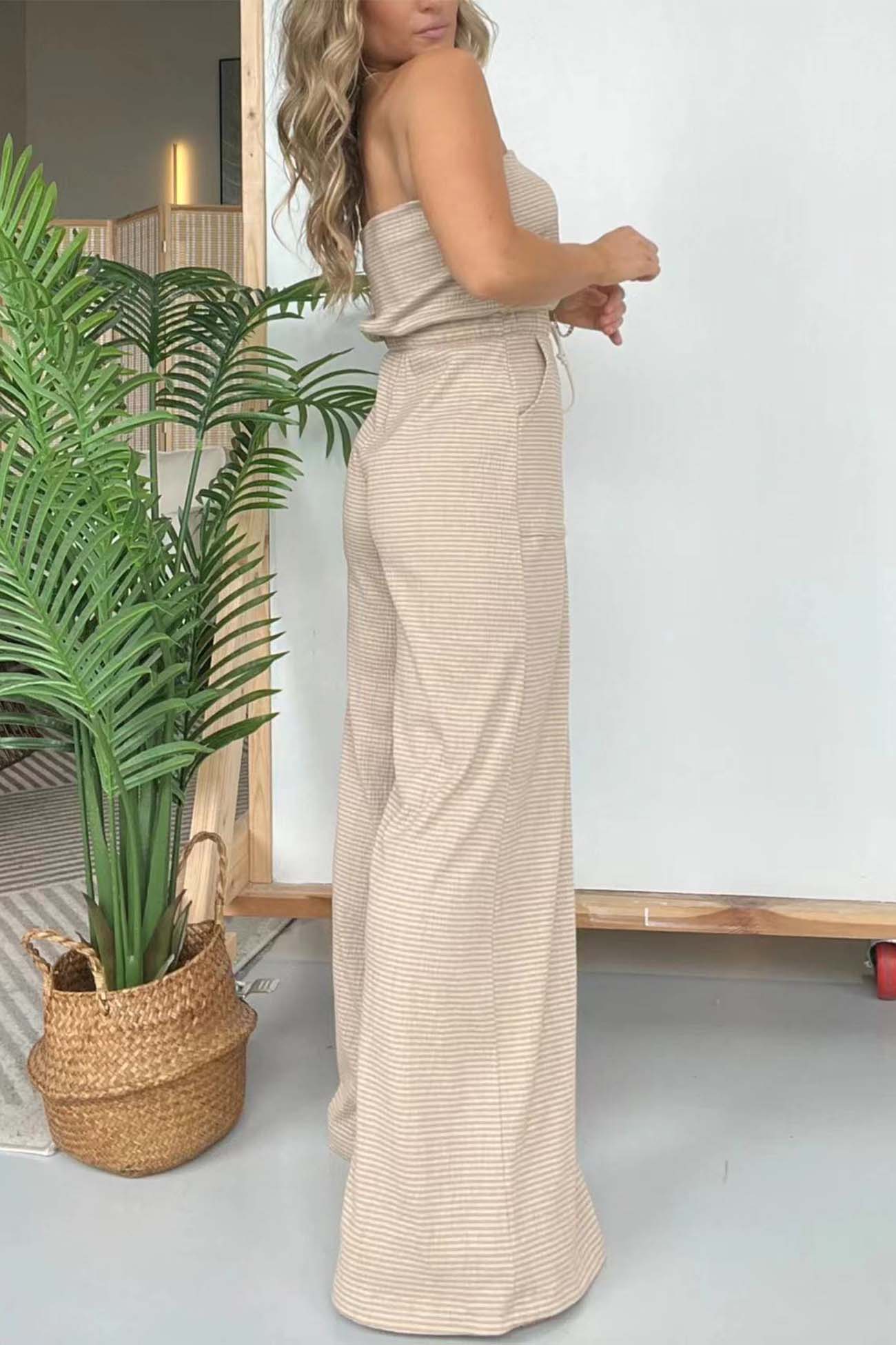 Stripe Strapless Drawstring Jumpsuits