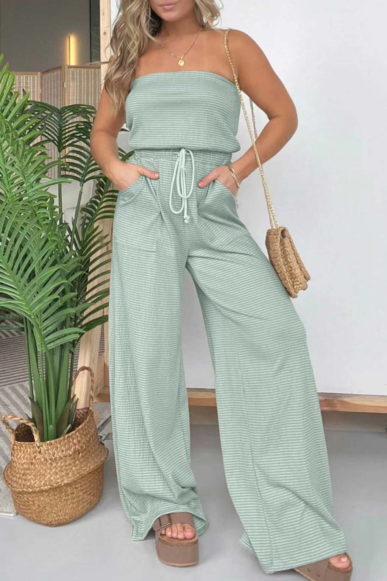 Stripe Strapless Drawstring Jumpsuits