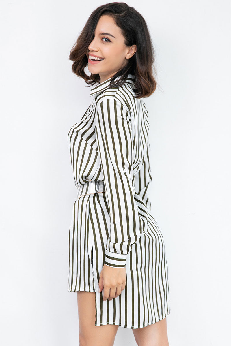 Striped Asymmetrical Hem Single Breasted  Blouse