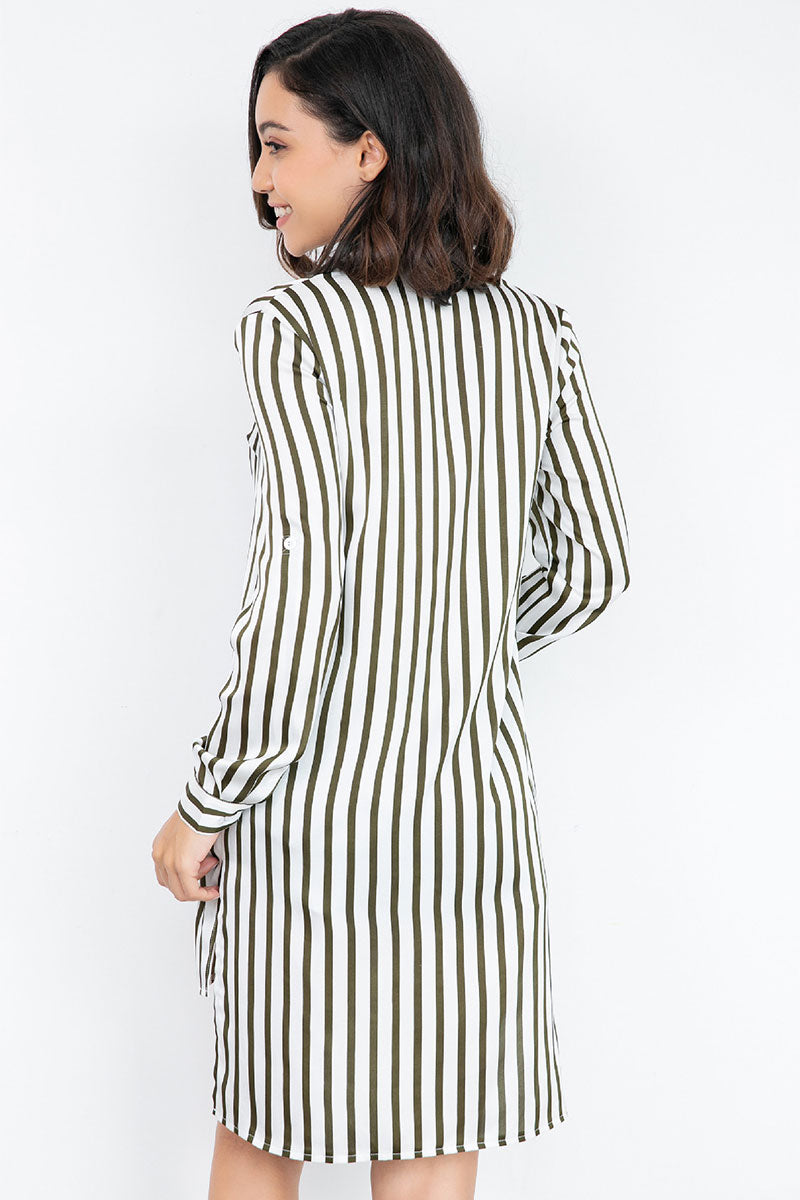 Striped Asymmetrical Hem Single Breasted  Blouse